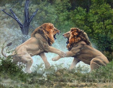 動物 Painting - 決闘するライオン